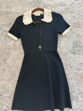Sandro Navy A‑Line Midi Dress with Cream Scalloped Collar